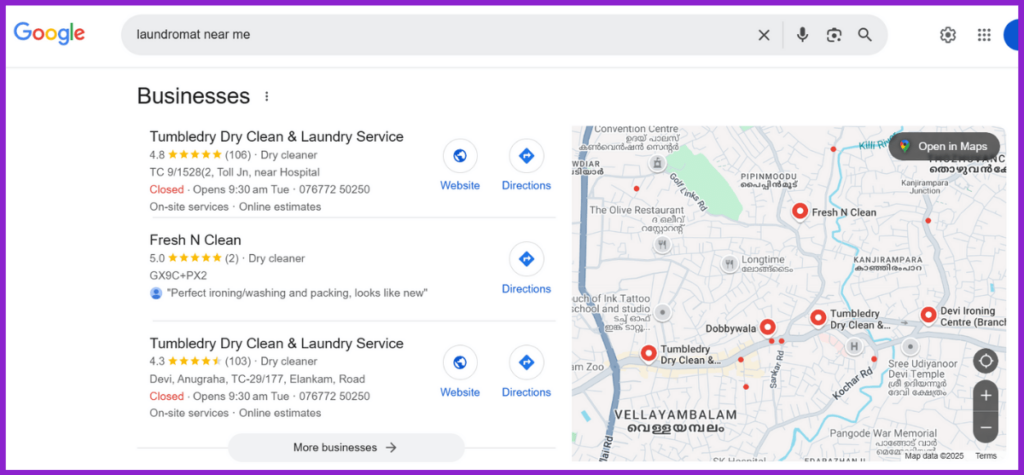 Screenshot showing the google search results for 'laundromat near me'