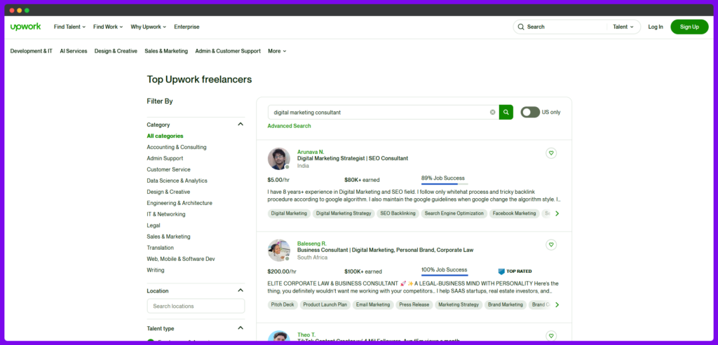 screenshot of upwork search results page