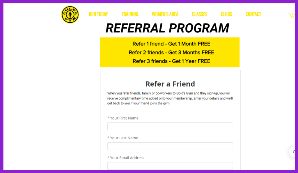 screenshot showing gold's gym referral program page