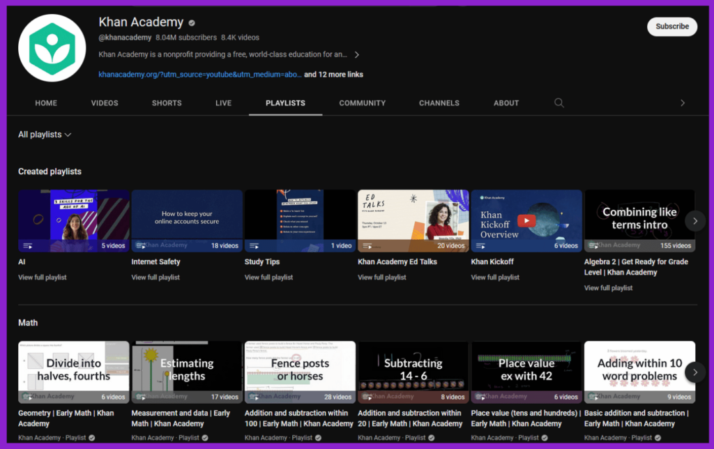 Screenshot of Khan Academy YouTube Playlists page