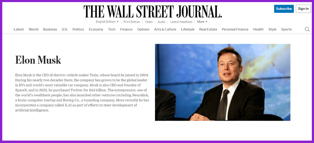 Screenshot of Elon Musk profile on WSJ website