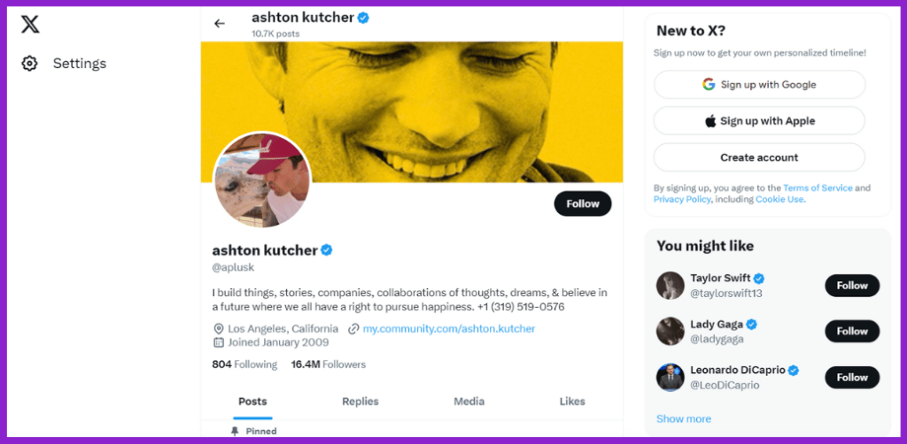 Screenshot of Ashton Kutcher's Twitter X page