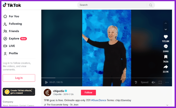 Screenshot of Chitpotle's GuacDance Challenge post on TikTok