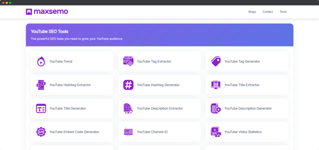 Screenshot of Maxsemo Free YouTube SEO Tools page. 