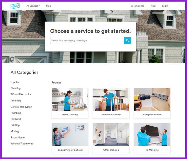 Screenshot of Handy.com homepage