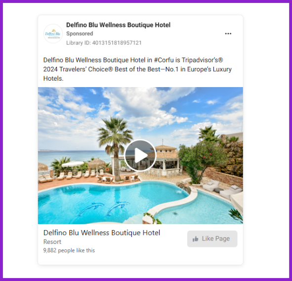 Screenshot of boutique hotel Facebook ad