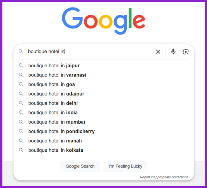 Screenshot showing Google search suggestions for 'boutique hotel in' 