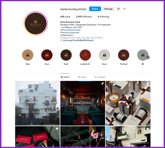 Screenshot showing Instagram profile of Banla Boutique Hotel