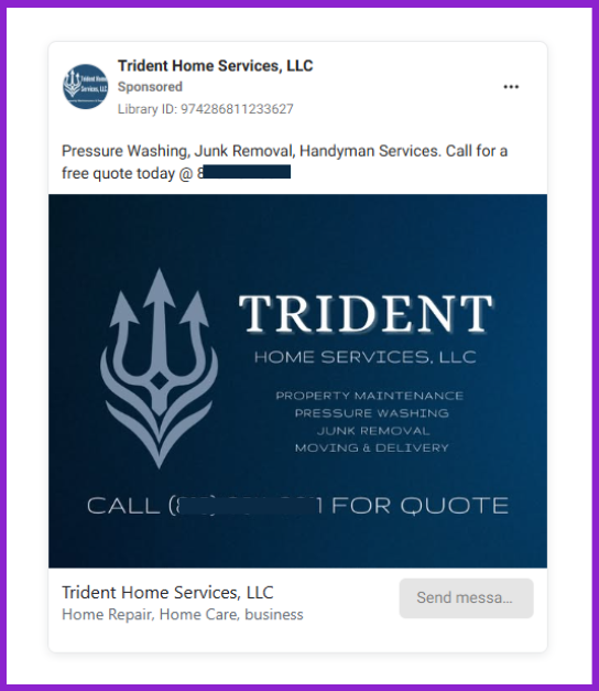 Screenshot showing a Facebook ad of a Home Services Business