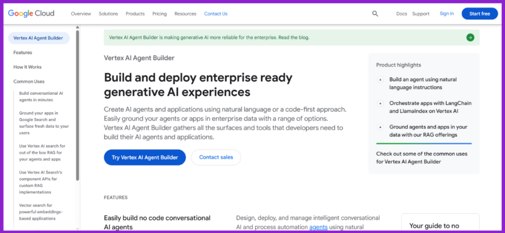 Screenshot of Google Vertex AI Agent Builder page