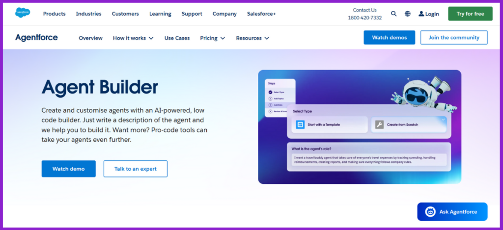 Screenshot of Salesforce's AI Agent Builder page