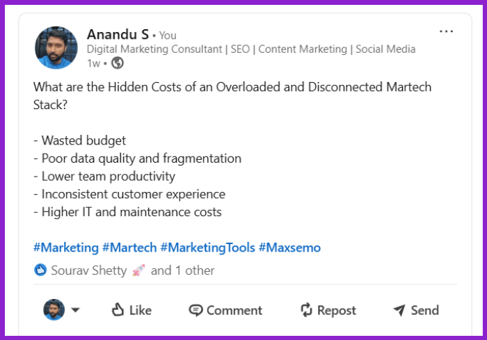 Screenshot showing a LinkedIn post shared by Anandu S
